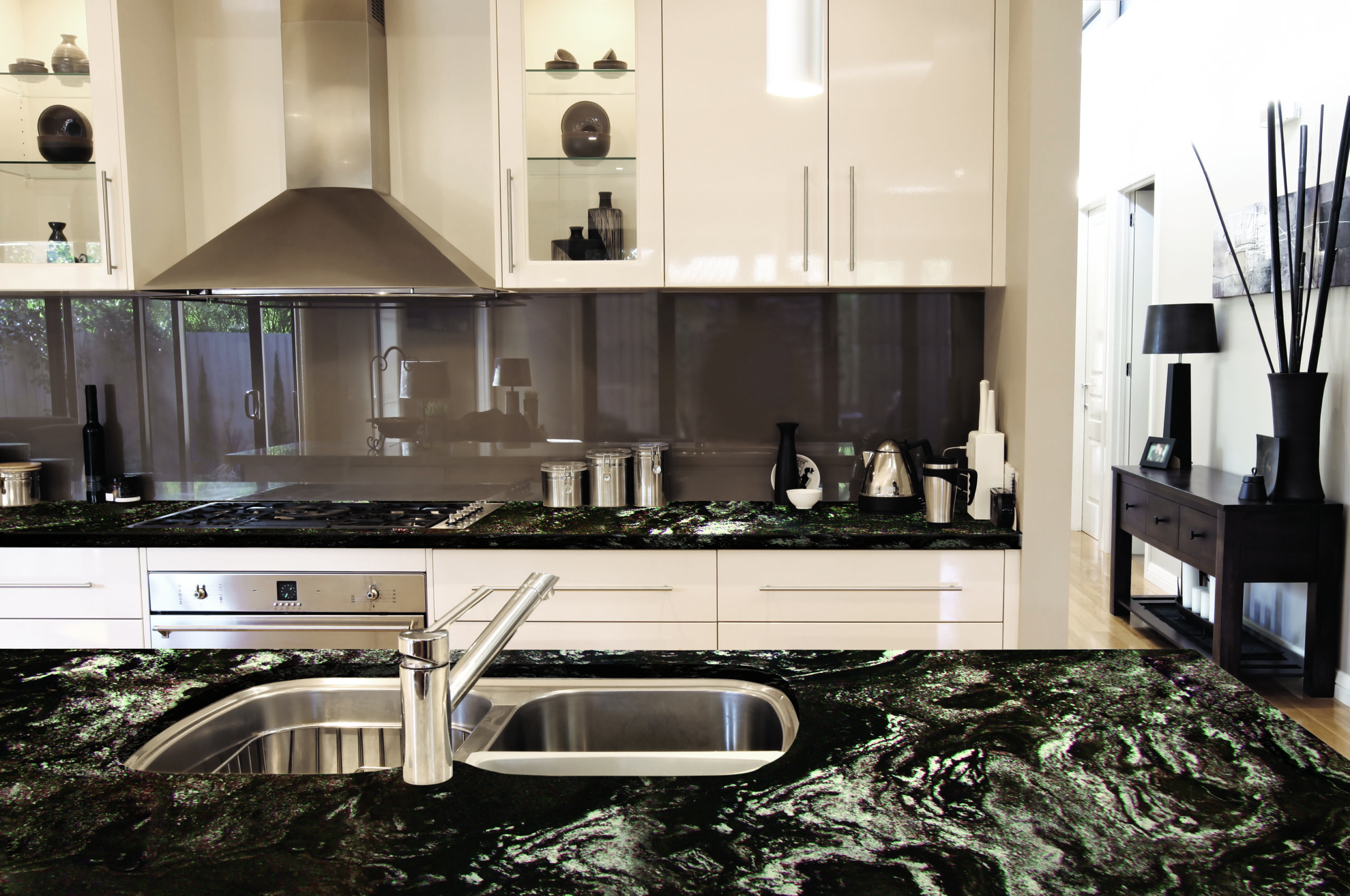 beautiful luxury kitchen countertop in Miami that is a black color with unique veining 